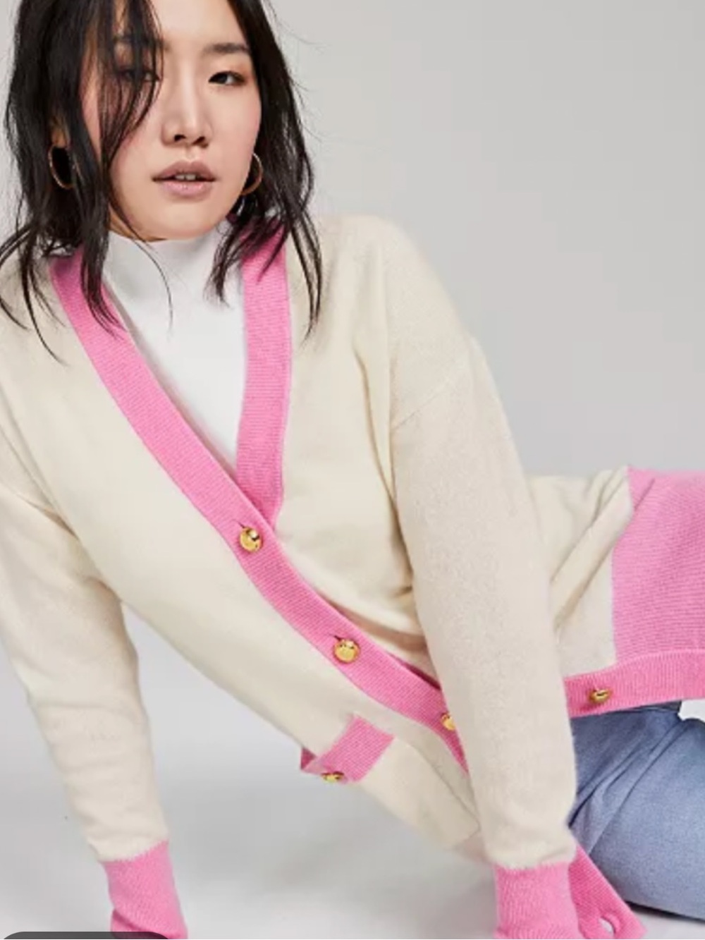 NEW Cashmere Charter Club XL cream-pink gold button preppy quiet luxury cardigan